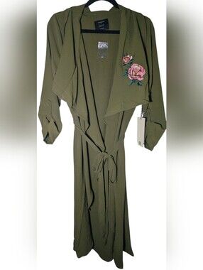 NWT Iris Los Angeles Olive Green Embroidered Floral Duster Cardigan Jacket 1XL